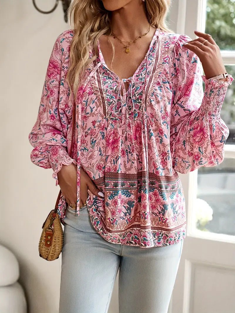 Boho Print V-Neck Tie Blouse