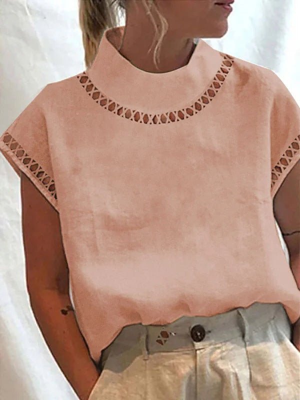 Hollow-Out High-Neck Linen Lace Casual Blouse
