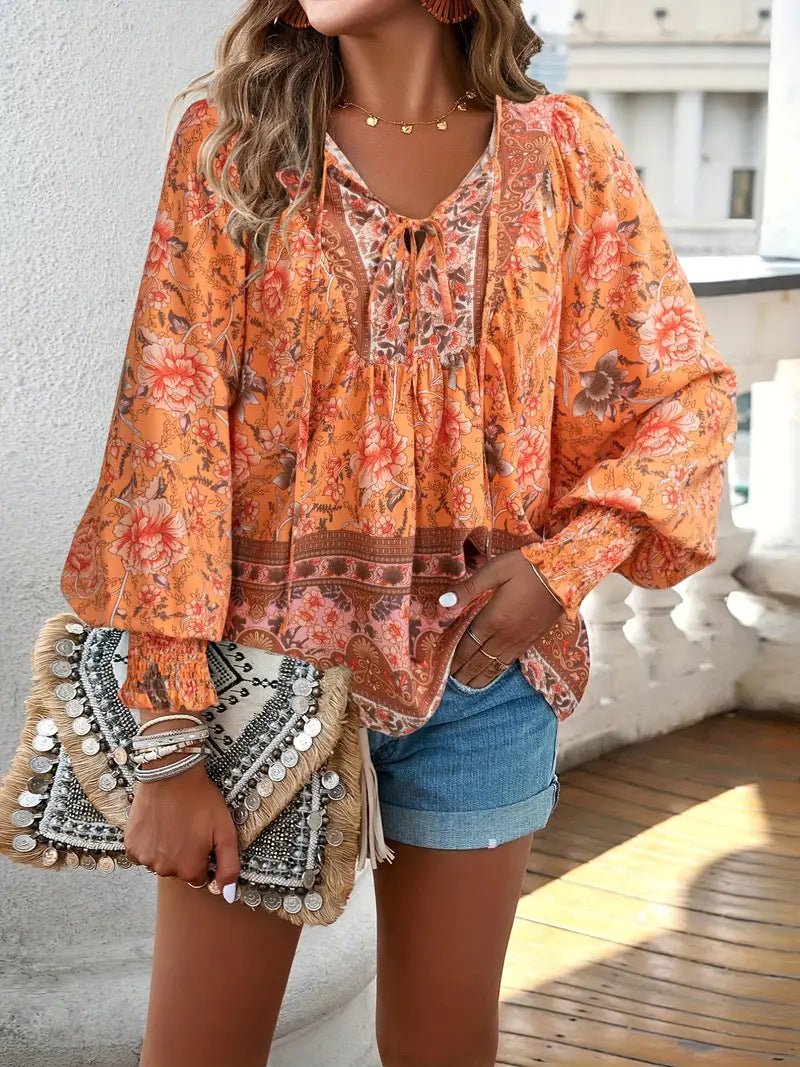 Boho Print V-Neck Tie Blouse